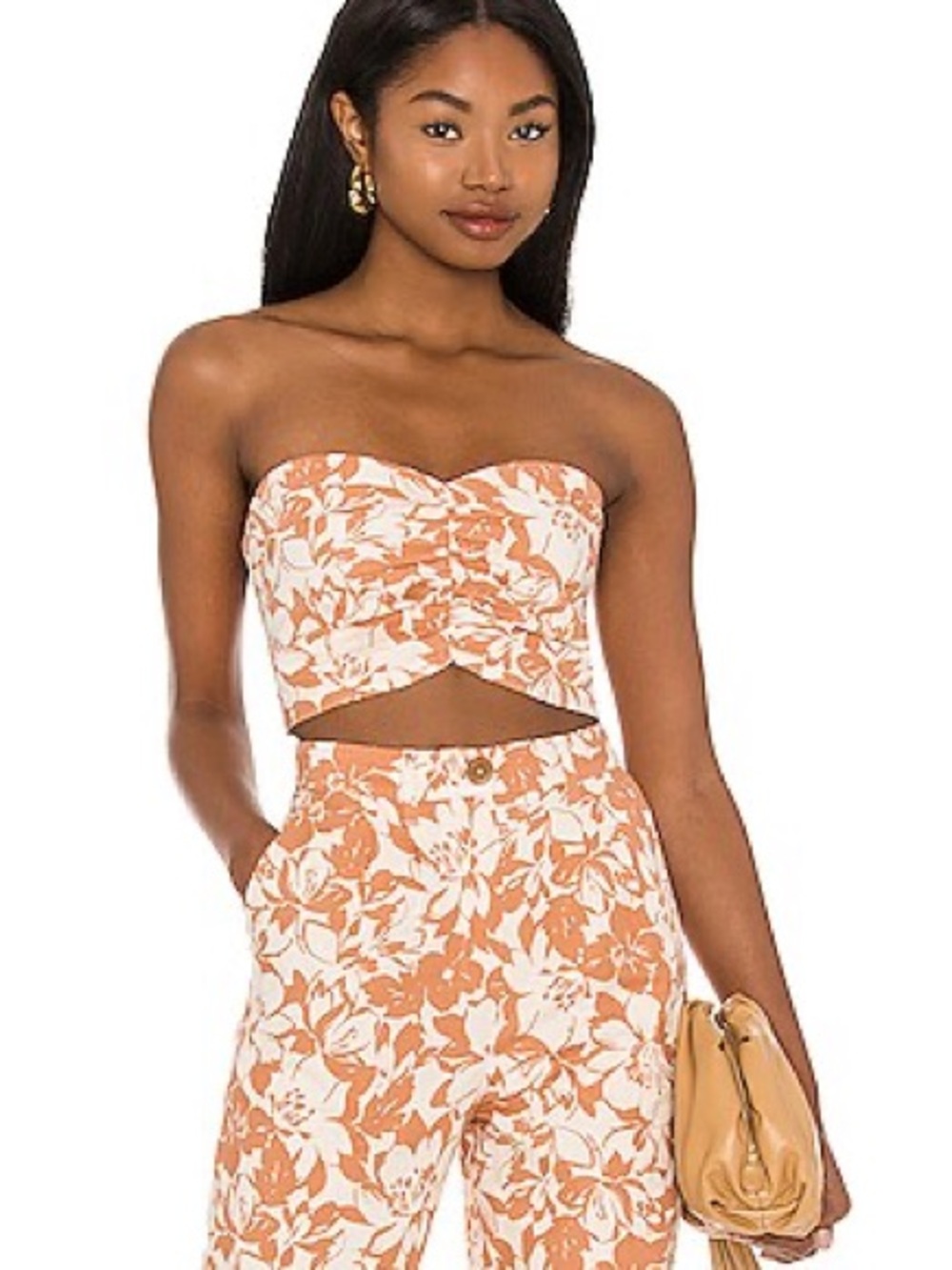 Strapless Floral Crop Top and Pants Set - White & Tan